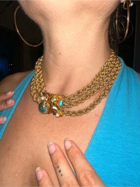 Gold-Tone Multi-Strand Rope Chain Choker Necklace with Turquoise Accents